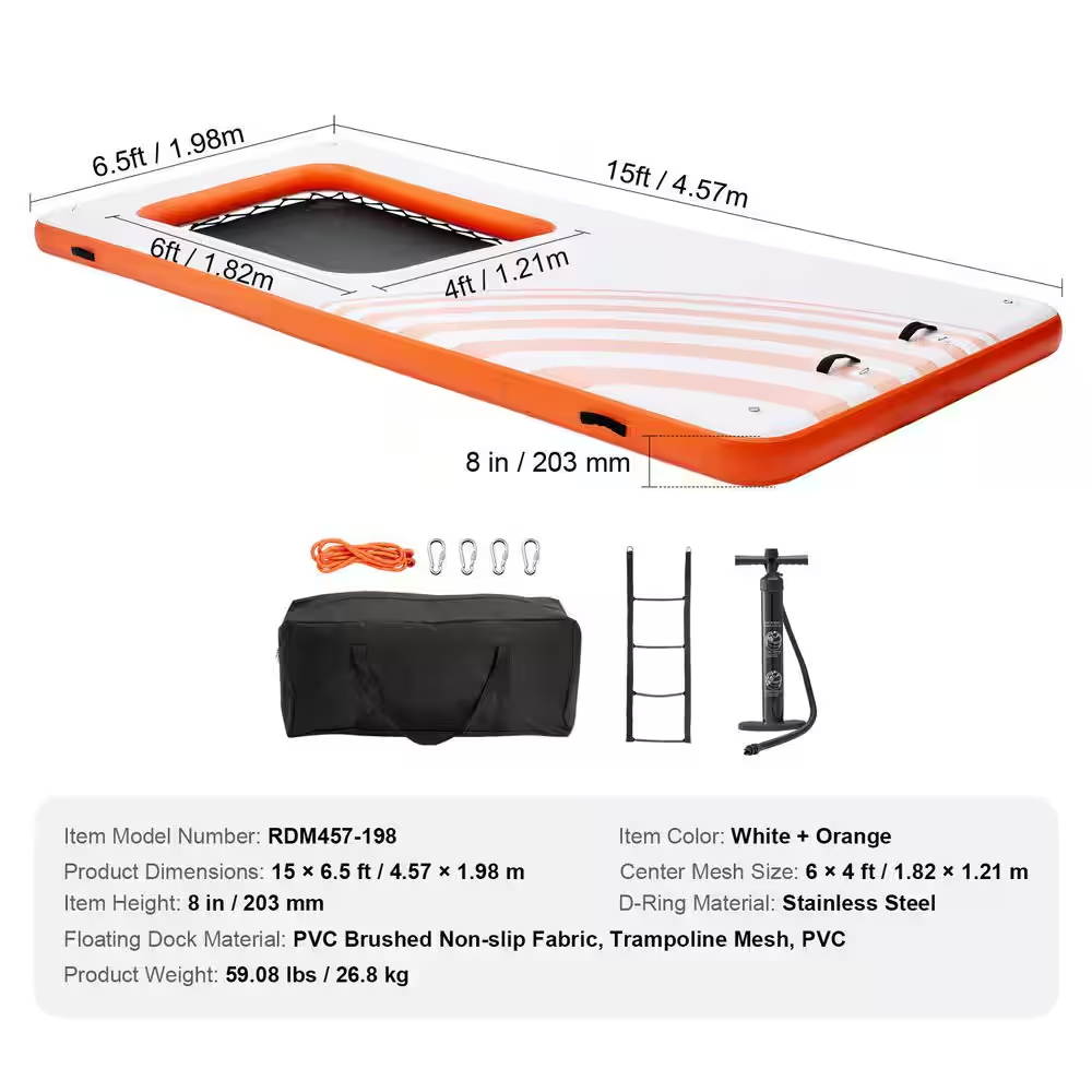 Inflatable Floating Dock 15X6.5Ft. Inflatable Dock Platform with 4X6Ft. Trampoline Mesh Pool, Non-Slip Floating Platform