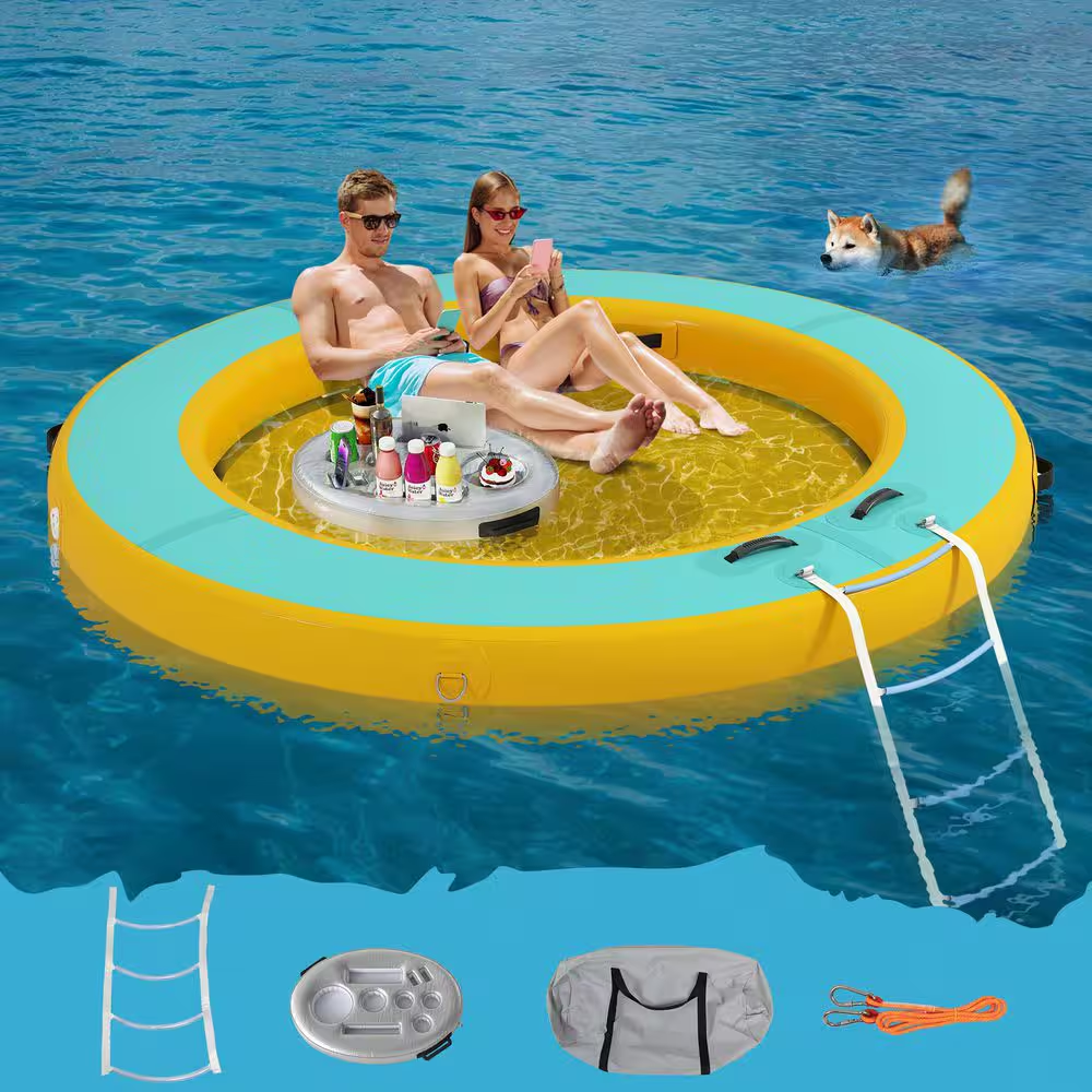 8 Ft. round Inflatable Floating Dock Platform Water Hammock Pool Float with Ladder and Carrying Bag
