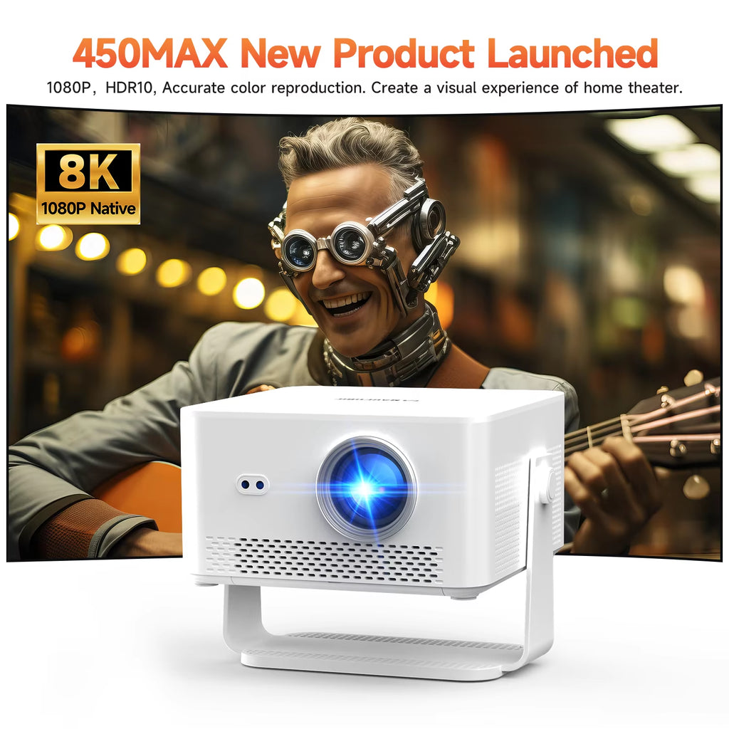 HY450MAX 1100ANSI Android 14 Portable Outdoor Projector 1080P Auto Focus 8K Support WIFI6 Beam Mini Projector