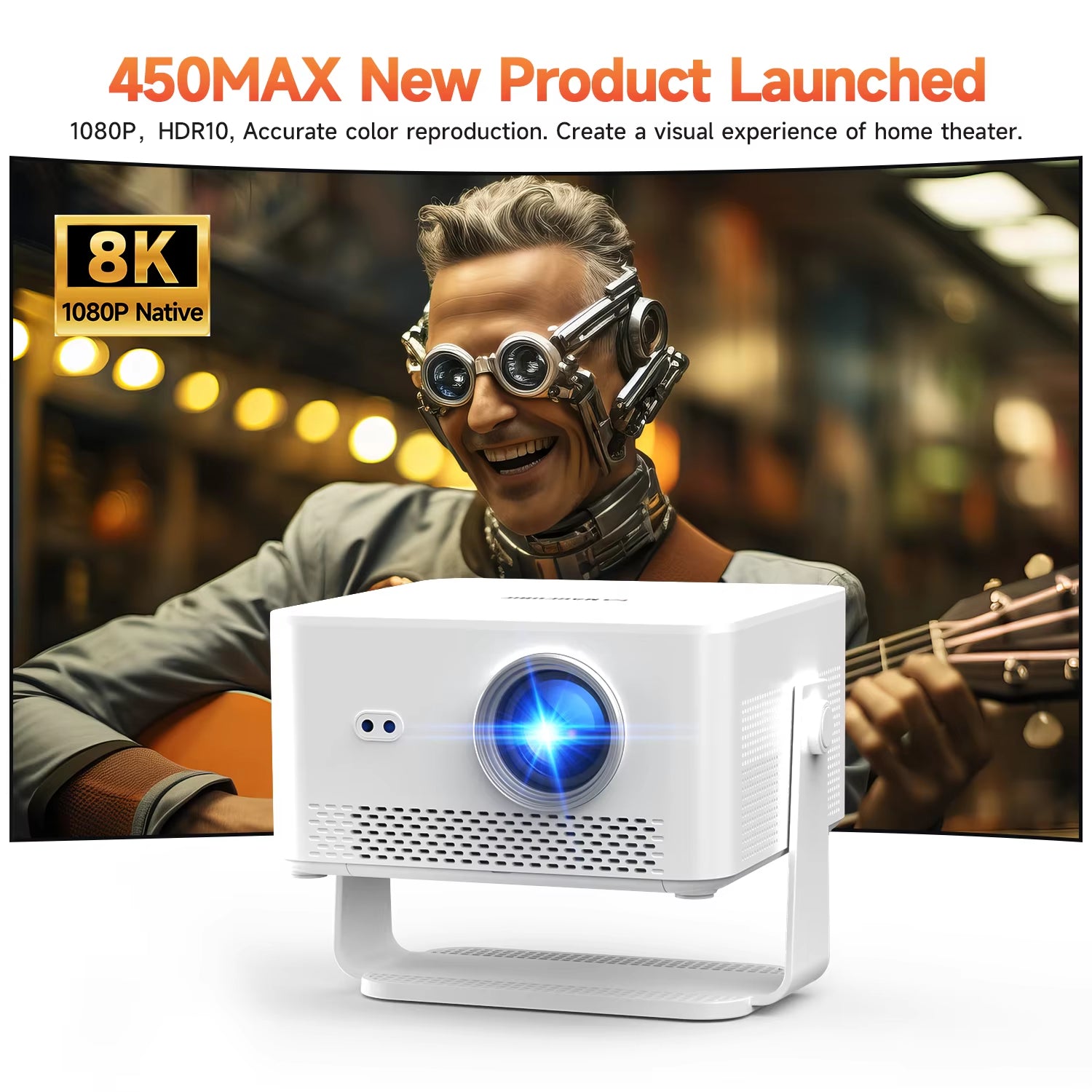 HY450MAX 1100ANSI Android 14 Portable Outdoor Projector 1080P Auto Focus 8K Support WIFI6 Beam Mini Projector