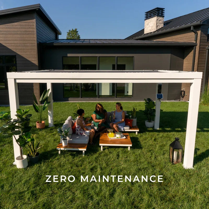 Windham 14' X 10' Modern Galvanized Steel Outdoor Patio Pergola Kit with Shade Sail Canopy and Powerport
