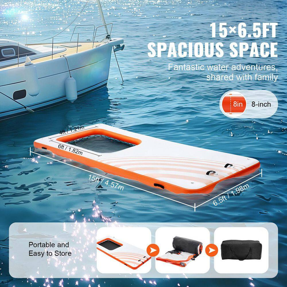Inflatable Floating Dock 15X6.5Ft. Inflatable Dock Platform with 4X6Ft. Trampoline Mesh Pool, Non-Slip Floating Platform