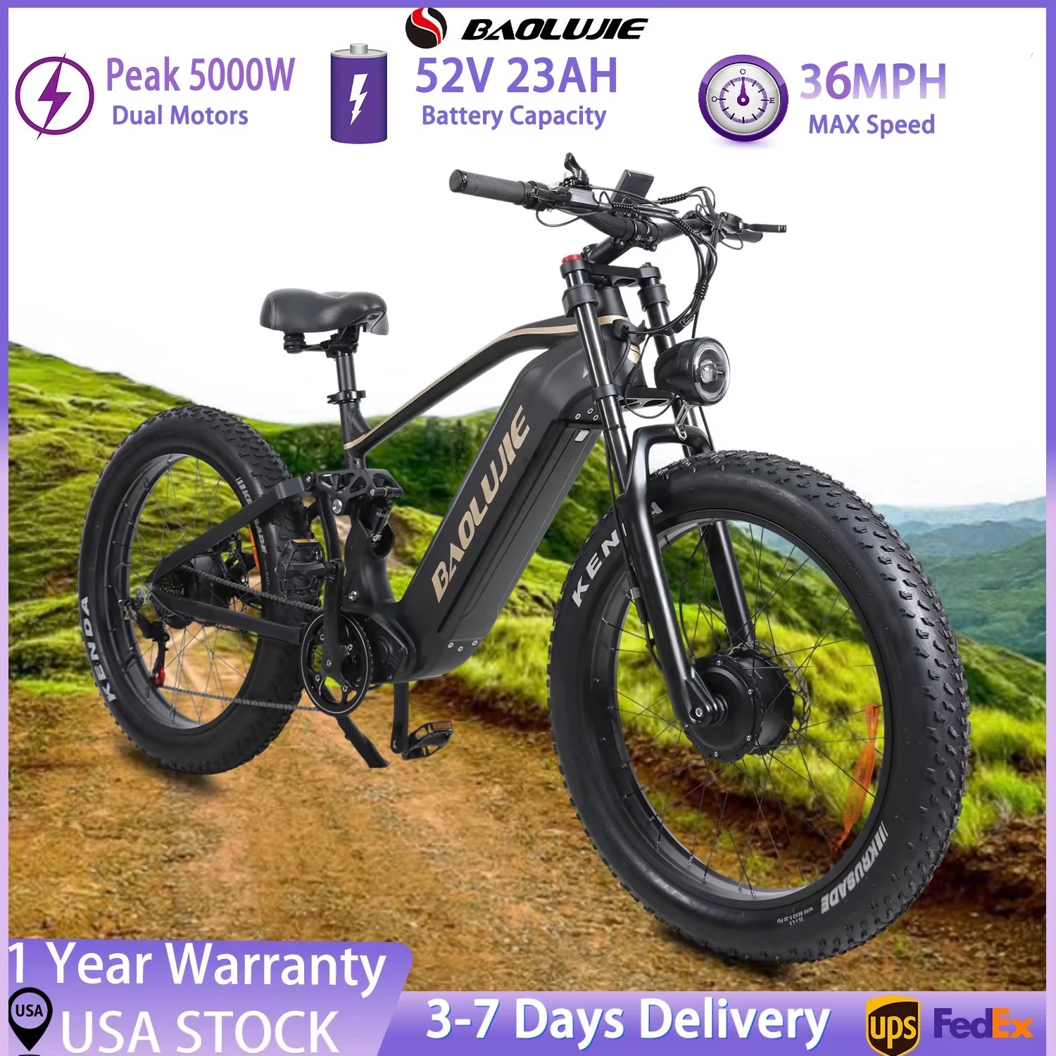 P2 Electric Bike for Adults，Long Rang 90 Miles Electric Bicycle，Peak 5000W Dual Motor 52V 23AH E Bike，Max Speed 36 MPH