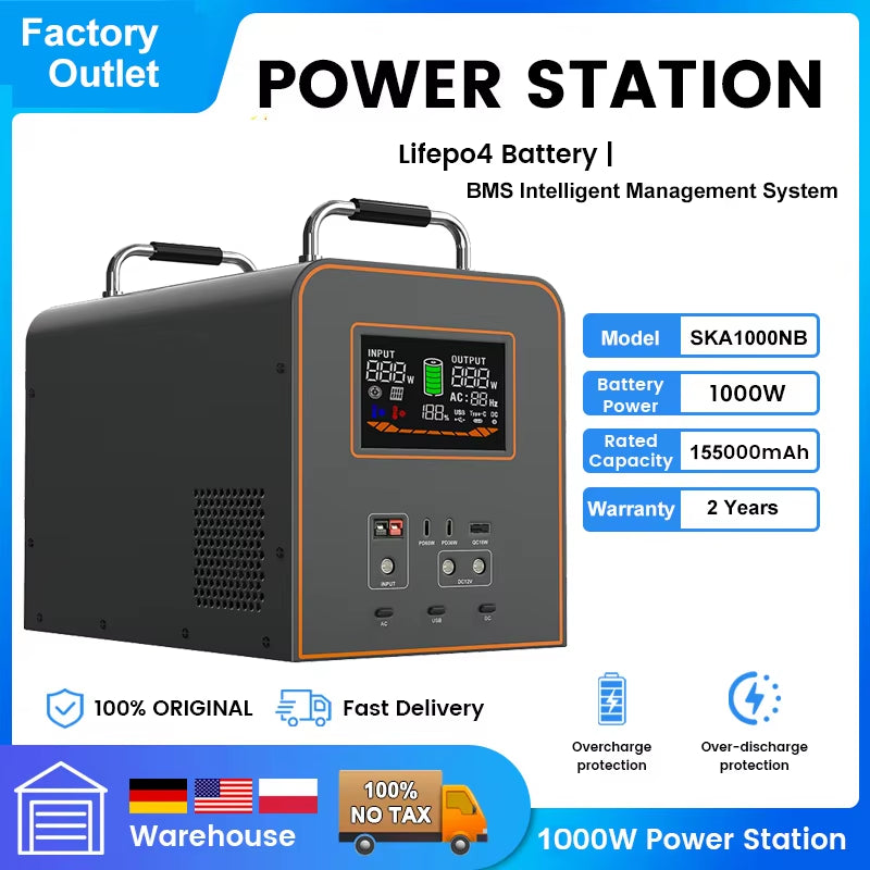 220V Output1000W 496Wh 155000Mah Portable Power Station Solar Generator Power Bank Outdoor Camping Battry Emergency Power Supply