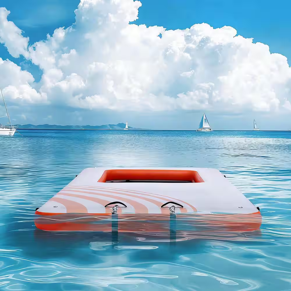Inflatable Floating Dock 15X6.5Ft. Inflatable Dock Platform with 4X6Ft. Trampoline Mesh Pool, Non-Slip Floating Platform