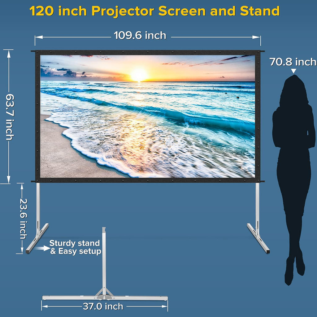 Projector Screen and Stand,120 Inch Outdoor Projector Screen-Premium PVC 3 Layers Screen with Fast Easy Snap-On and Wrinkle Free Design,Outdoor Movie Screen for Home Backyard with a Carrying Bag