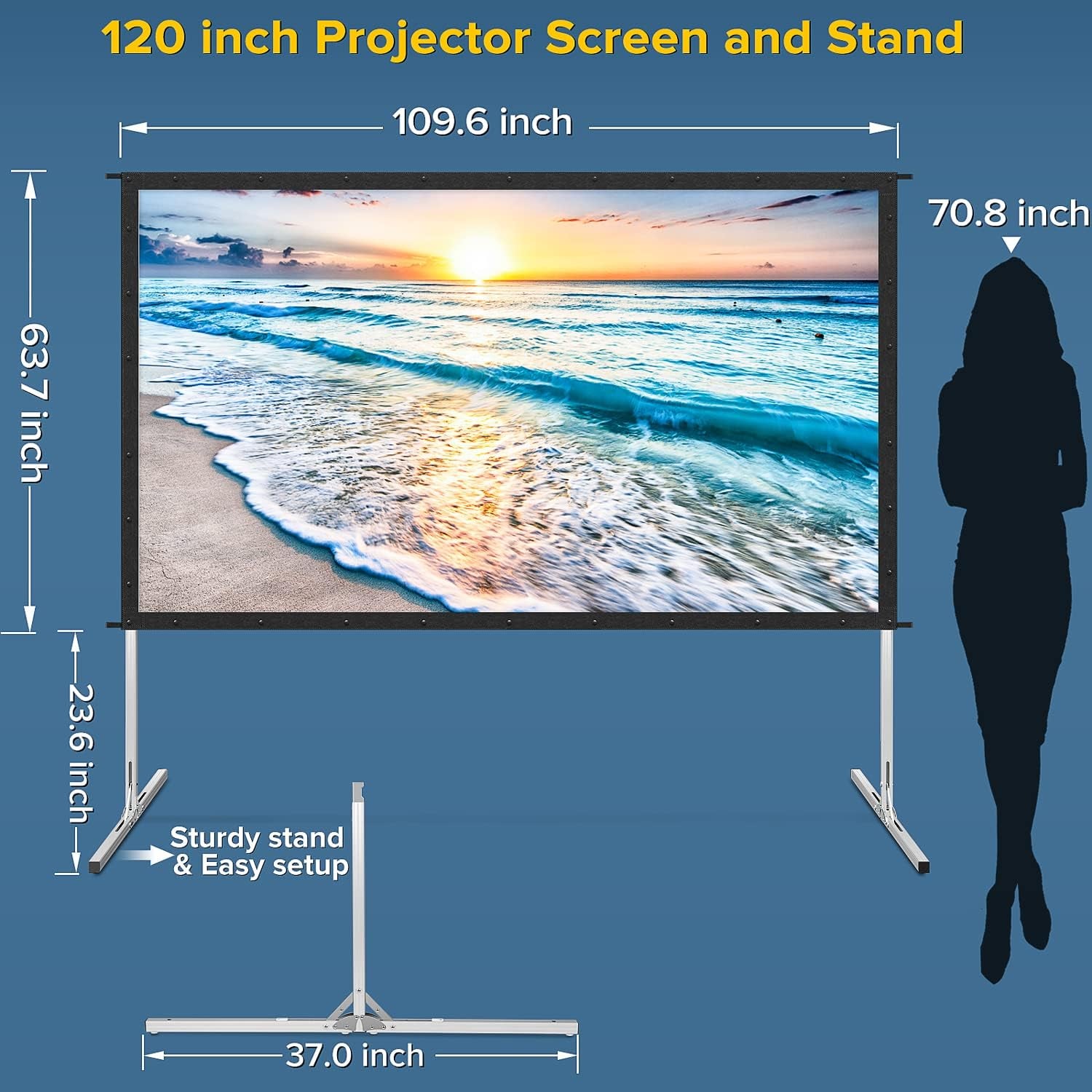 Projector Screen and Stand,120 Inch Outdoor Projector Screen-Premium PVC 3 Layers Screen with Fast Easy Snap-On and Wrinkle Free Design,Outdoor Movie Screen for Home Backyard with a Carrying Bag