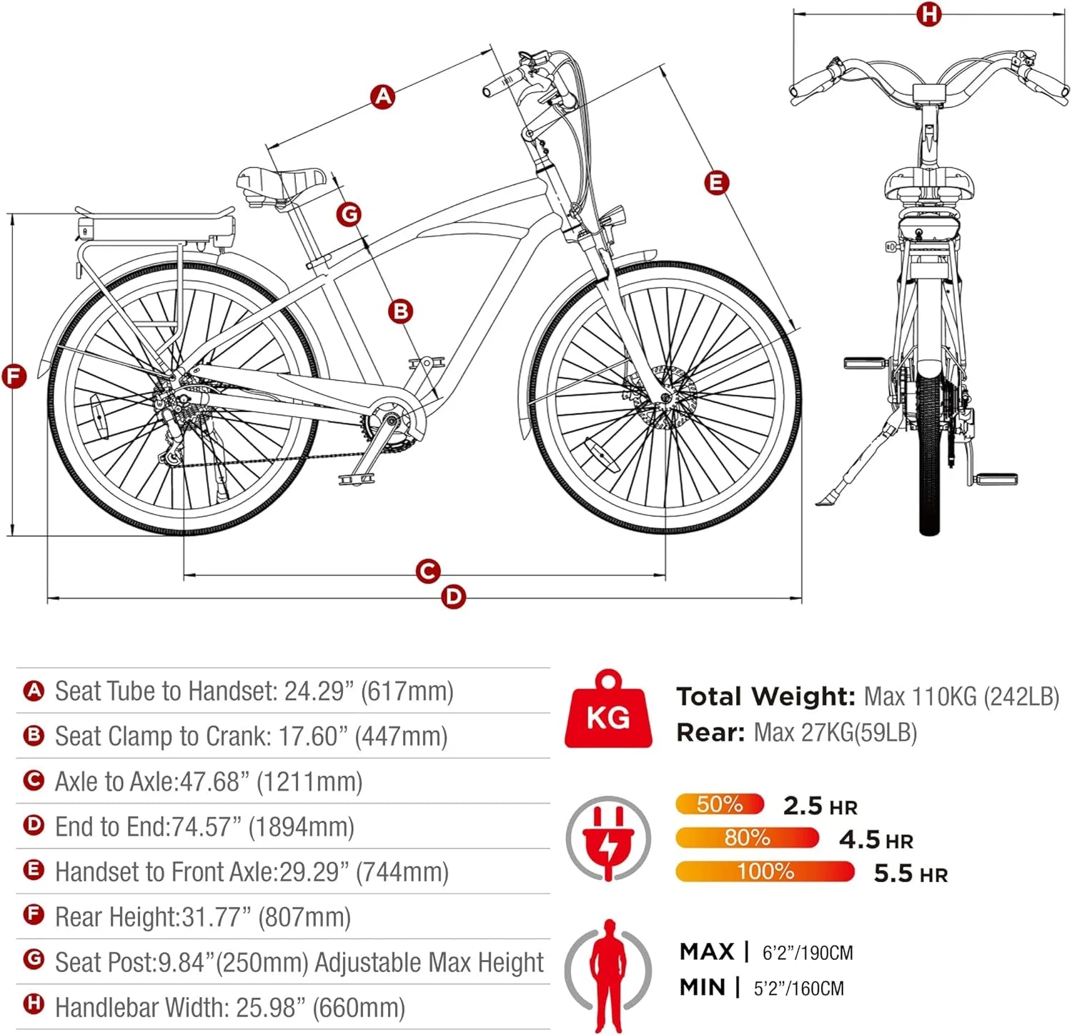 E-Vie Electric Cruiser Bike, 60+ Miles Long Range, Torque Sensor Ebike for Adults, Peak Power≥600W, CST 27.5" , 350 Lbs, 20 Mph, Beach City Commuter, UL2849