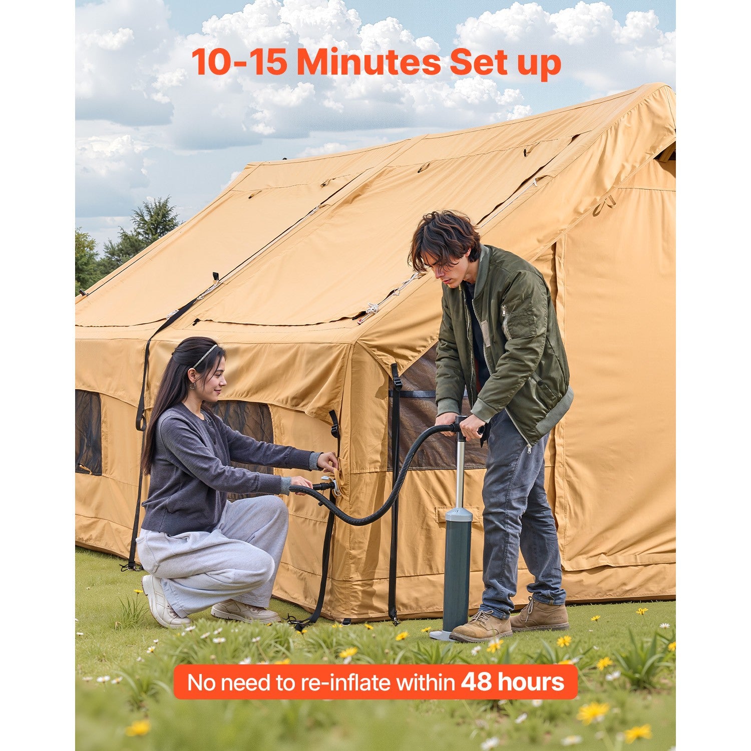 Inflatable Tent for Family Camping Tent 5-8 Person Window Glamping W/ Hand Pump