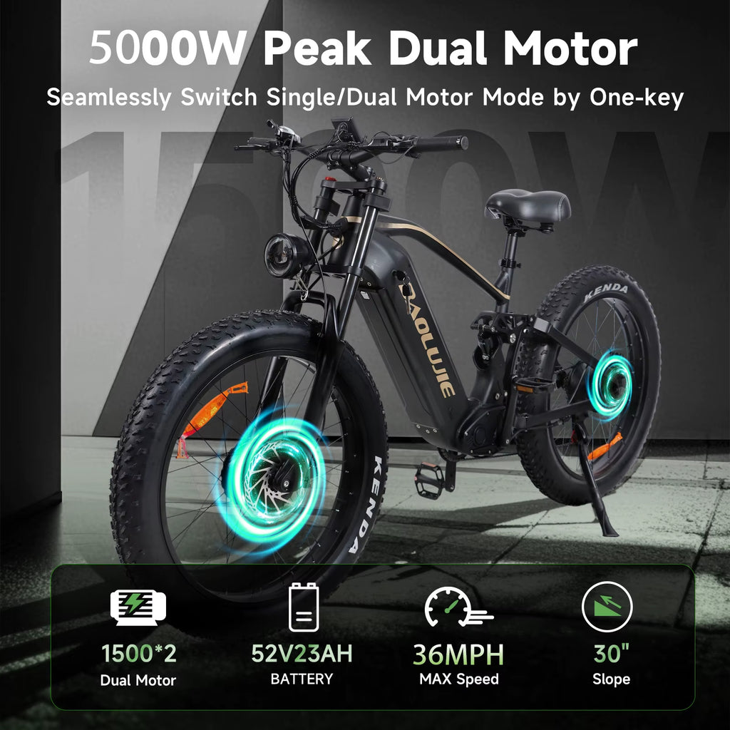 P2 Electric Bike for Adults，Long Rang 90 Miles Electric Bicycle，Peak 5000W Dual Motor 52V 23AH E Bike，Max Speed 36 MPH