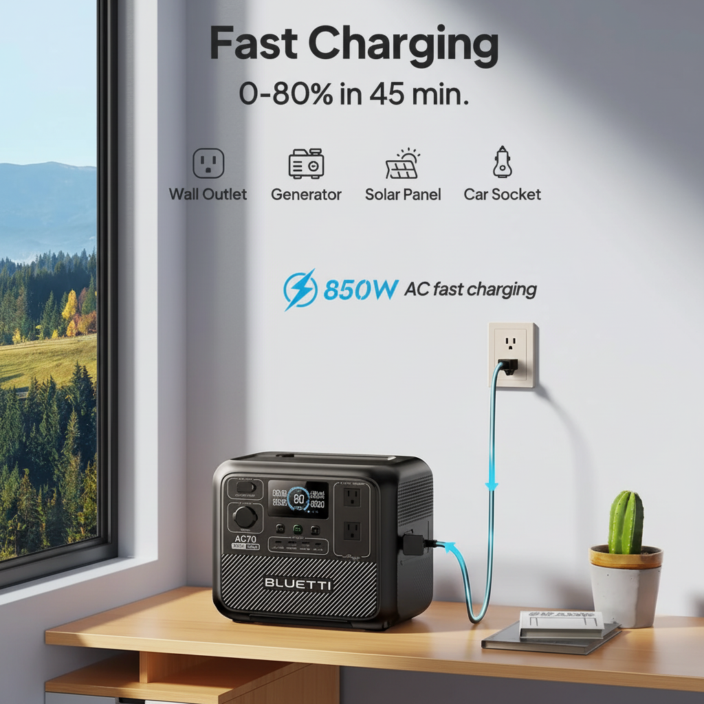 Portable Power Station AC70 with 100W Solar Panel Included, 768Wh Solar Generator with 2 1000W AC Outlets, 0-80% in 45 Min, Lifepo4 Power for Camping