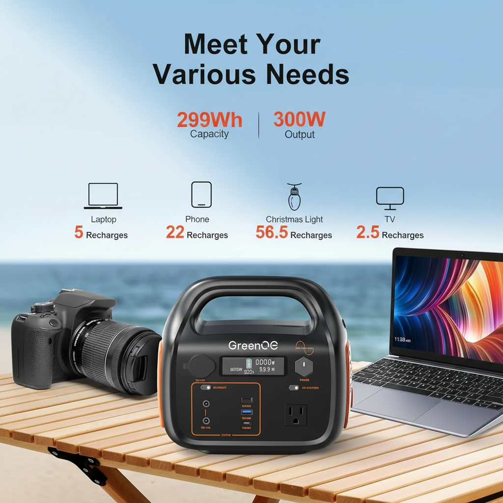Portable Power Station 300W 299Wh Solar Powered Generator with LED 7 Ports 120V Pure Sine Wave AC Outlet USB-C Camping Power Bank for Outdoors Travel Hunting Home Lithium Battery Backup